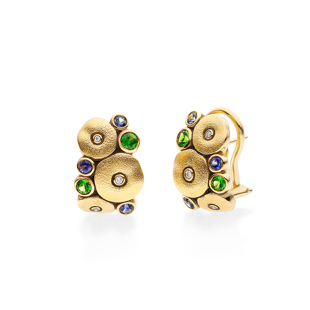 gold and colorful gemstone earrings from the front