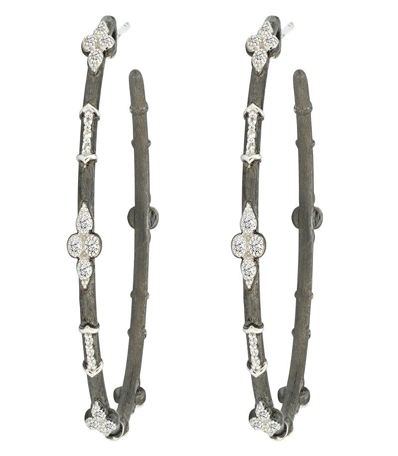 Large Blackened Silver Hoops with White Topaz