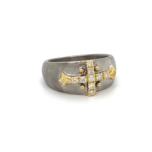 thick sterling silver ring with a gold and diamond cross