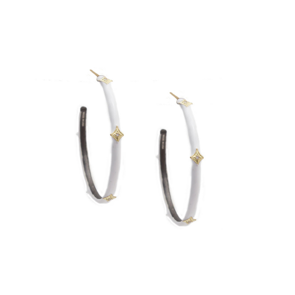 white enamel earring hoops with gold accents