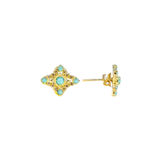 front and side view of the gold earring with turquoise accents