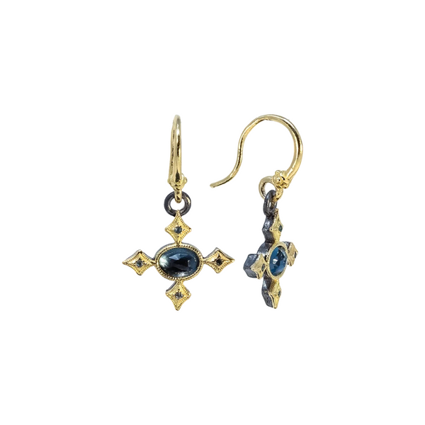 blue stone drop gold earrings from the front and side view