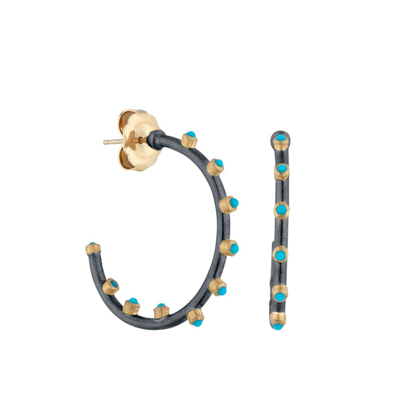 black hoops with blue color on the hoops and gold