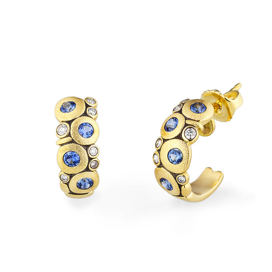 blue and gold diamonds on gold hoops