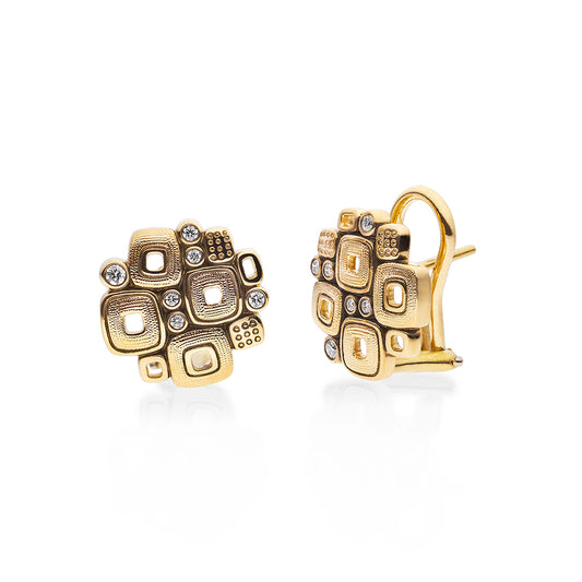 gold earrings with square imprints and diamonds around the squares