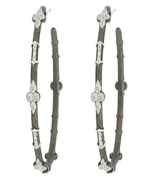 Large Blackened Silver Hoops with White Topaz