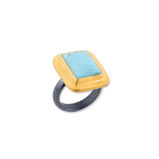 blue stone ring with a black band and a gold edge around the stone