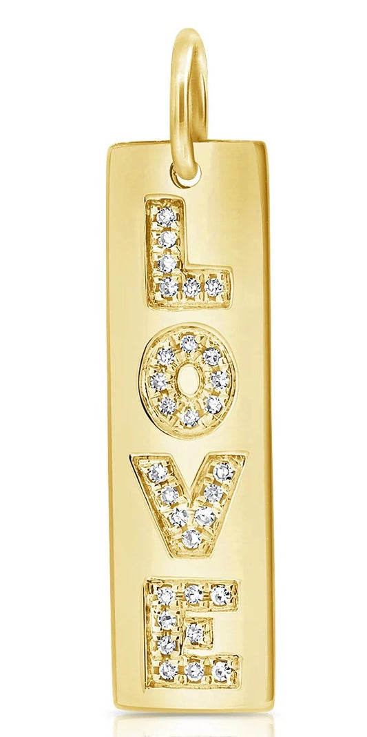 Gold pendant with 'LOVE' letters and diamonds on a white background