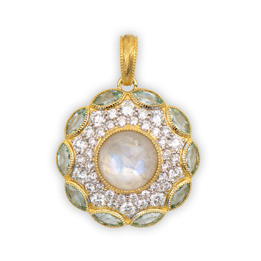 pendant with multiple gemstones and diamonds surrounding the center stone