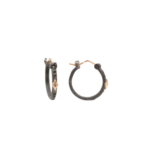 black huggie hoop earrings with gold accents