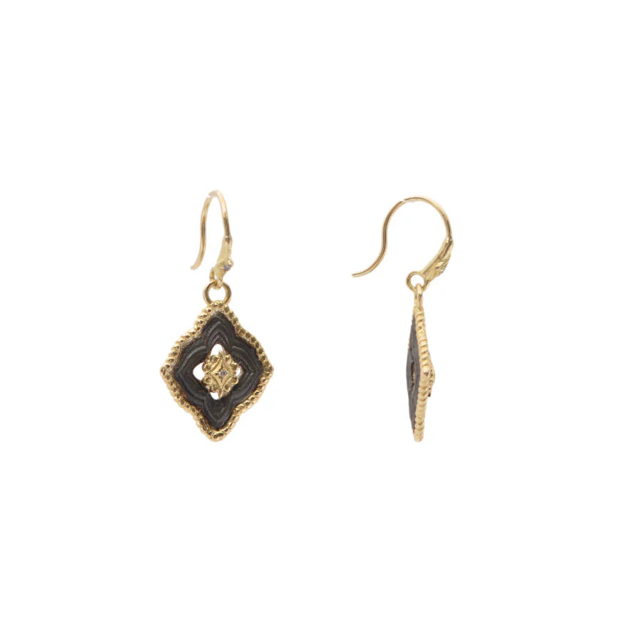 showing the front and side of the black and gold earrings