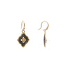 showing the front and side of the black and gold earrings