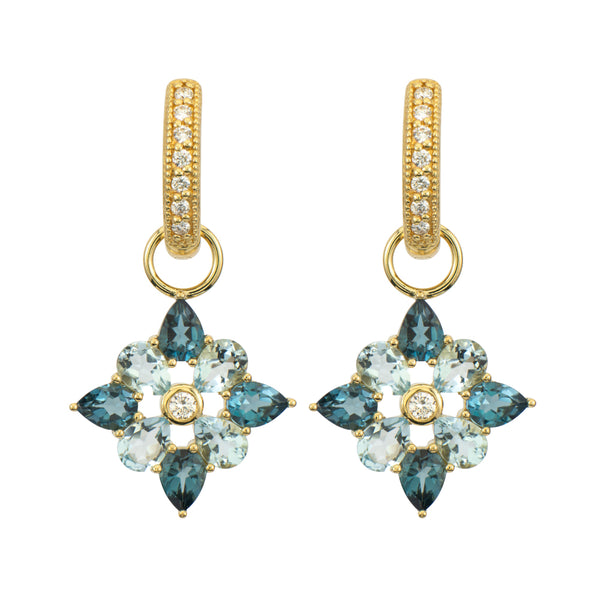 blue and topaz gemstones made in earrings with gold and diamond huggies