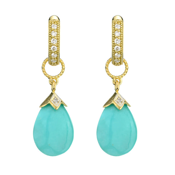 turquoise pear shape earrings with gold and diamond cuffs