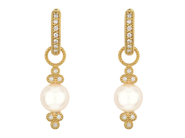 gold and diamond hanging earrings with pearls