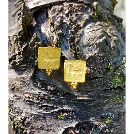 gold square spaped earring studs with horses monogramed