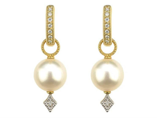 gold and diamond band earrings with a pearl and diamonds at the bottom