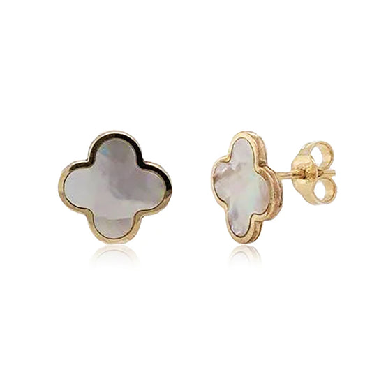 gold clover shaped earrings with pearl colored